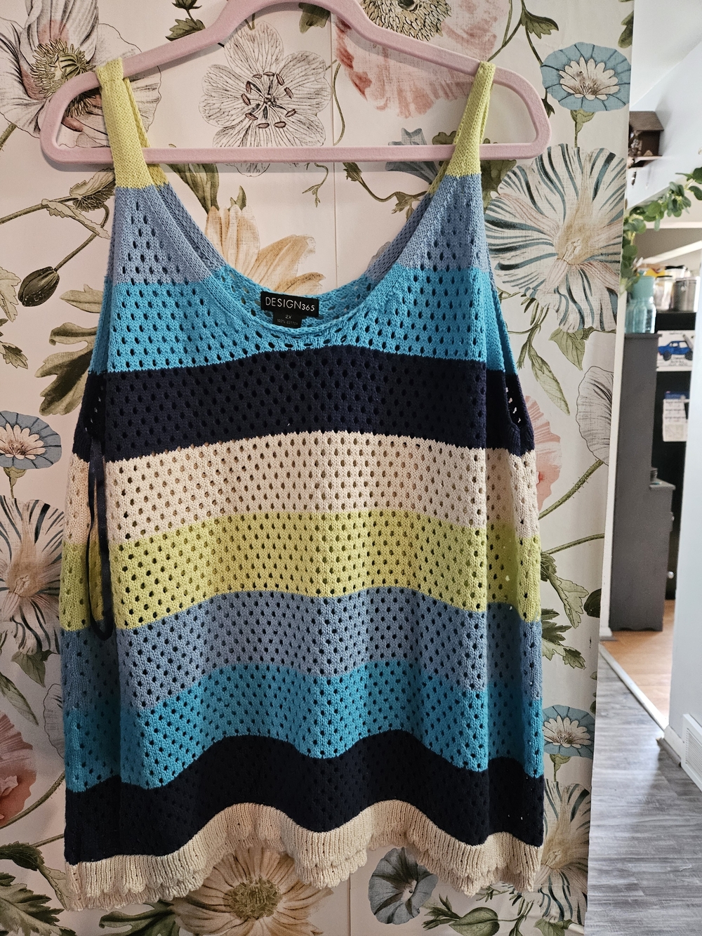 DESIGN365 Striped Open-Knit Tank Top in Blue, Navy & Cream